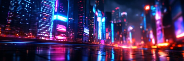 Canvas Print - A mesmerizing futuristic cityscape featuring sleek, minimalist buildings adorned with vibrant neon lights, reflecting in a wet, glistening street. This image symbolizes urban innovation, technological