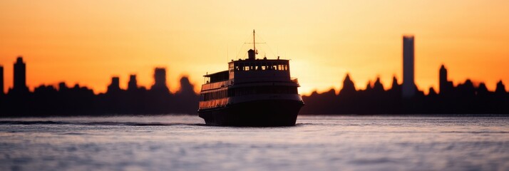 A ferry moves towards the city skyline as the sun sets, casting a golden glow over the water, with silhouetted buildings creating a dramatic scene in the background.