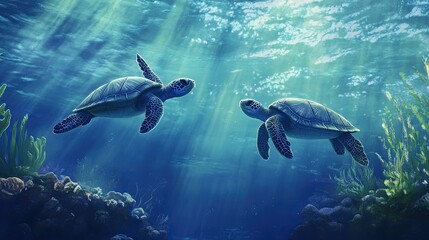 Wall Mural - Underwater scene with sea turtles swimming gracefully