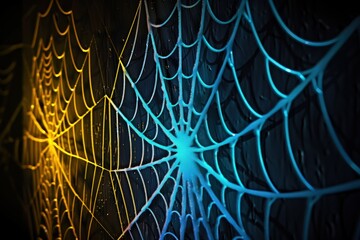 Detailed spider web silhouette with haunting blue and yellow glow on a black wall, Halloween theme.