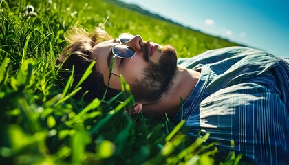 relaxing man lounging on vibrant green grass beneath a clear blue sky