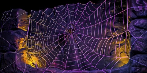 Detailed spider web silhouette with haunting purple and yellow lighting on a black wall, Halloween night.