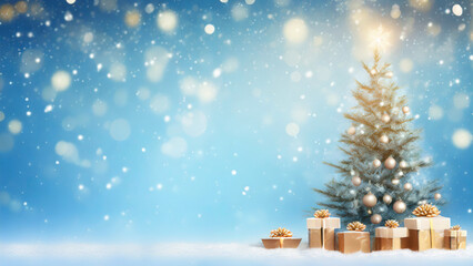 Canvas Print - Christmas background with Christmas tree and gift boxes on snow with bokeh effect