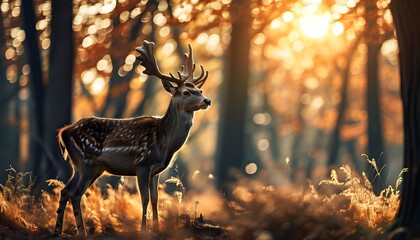 Wall Mural - Majestic deer in a sunlit autumn forest surrounded by vibrant foliage and dreamy bokeh effects