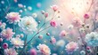 © Caitlin - Delicate pink and white flowers bloom against a soft, pastel blue background, radiating a warm and intimate ambiance.