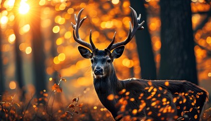 Wall Mural - Majestic deer in a sunlit autumn forest surrounded by vibrant foliage and dreamy bokeh effects