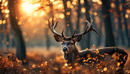 Wall Mural - Majestic deer in a sunlit autumn forest surrounded by vibrant foliage and dreamy bokeh effects