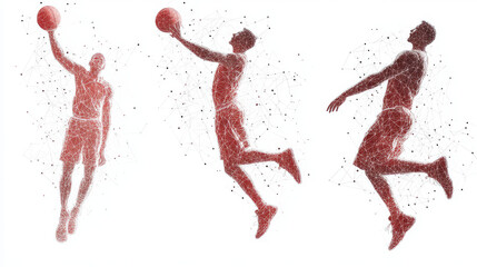 An abstract illustration of a basketball player performing a slam dunk, isolated on a white background. The low poly wireframe digital vector illustration captures three stages of the slam dunk jump.