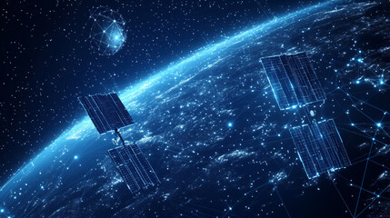 Wall Mural - Abstract 3D satellites orbiting in space.Concept of global internet connectivity and satellite networks. Vector mesh depiction of satellites and Earth, resembling a star-filled sky. Low-poly wireframe