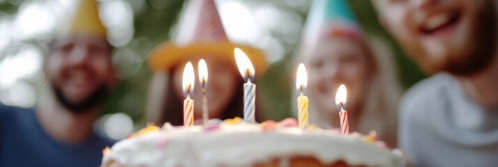 A group of friends celebrating a birthday outside with a cake topped with lit candles and wearing party hats, showcasing joy and togetherness.