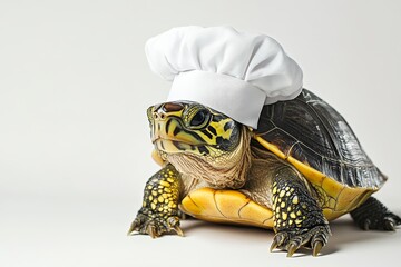 A turtle wearing a chef hat, ready to cook up a storm.  This image symbolizes slow food, patience, persistence, and culinary creativity.