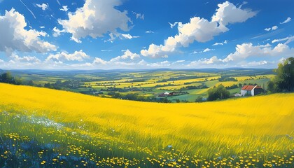 Vibrant panorama of a rural countryside with endless yellow grass fields stretching under a clear blue sky