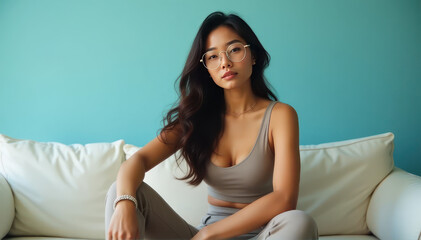 Young Asian woman relaxing on white sofa at home, embodying comfort and casual lifestyle