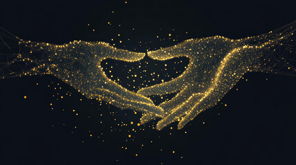 A low poly illustration of hands forming a heart shape, enhanced with a golden dust effect. The design features sparkling stardust and glittering gold particles against a dark background. 