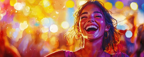 A jubilant woman celebrating at a lively party, her face aglow with happiness as she interacts with friends and revels in the vibrant atmosphere. The scene is filled with colorful lights and festive