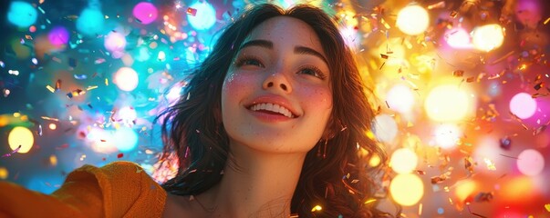 A joyful woman surrounded by an array of bright party decorations and vibrant lights. Her exuberant expression and celebratory gestures create a lively and cheerful party atmosphere. 3d illustration