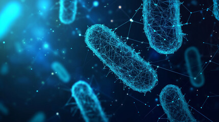 A banner template featuring a low poly wireframe design focused on microbiology. The futuristic science theme is highlighted by a polygonal depiction of bacteria and microscopic germs. This 3D mesh.