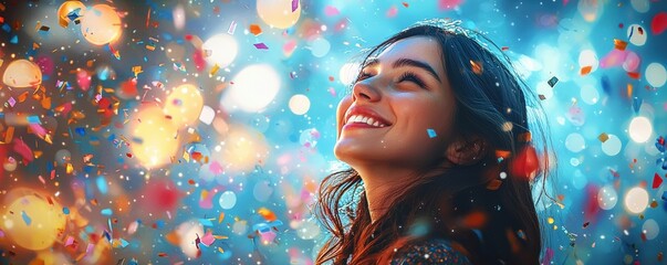 A happy woman surrounded by bright party lights and a whirlwind of colorful confetti. Her exuberant smile and festive attire reflect the lively spirit of the celebration. anime style