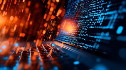 Digital Rain Falling on a Laptop Screen with Code, symbolizing the flow of data, rapid technological advancement, and the constant evolution of programming languages.