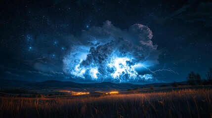 Wall Mural - charged atmosphere as a night storm brews, lightning crackling across the sky with intense energy