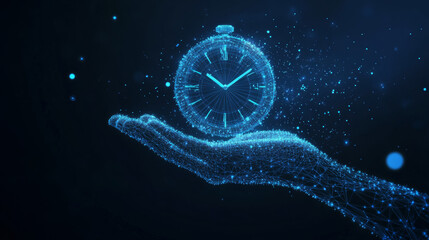 Digital 3D hand grasping a clock or stopwatch in dark blue, symbolizing time management, planning, life control, or business. Showcases an abstract low poly mesh wireframe with interconnected dots.