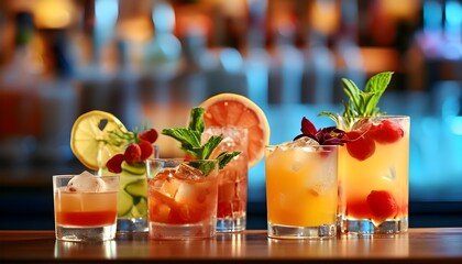 Vibrant cocktail collection on bar counter with fresh juices, mixing colors and flavors in a lively nightclub atmosphere