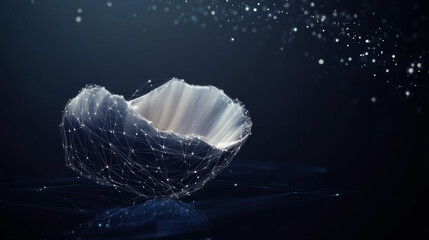 An abstract image featuring a pearl inside a shell, created using a low poly wireframe technique. The design is set against a dark background, with the shell and pearl rendered as a mesh of interconne