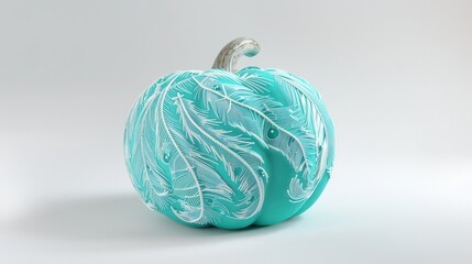 Wall Mural - A turquoise Halloween pumpkin with intricate white feather carvings, set against a pristine white background, exuding tranquility.