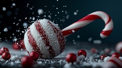 Christmas Candy Cane and Red Ornaments in Snow