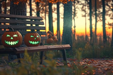 Wall Mural - A spooky forest sunset with haunted, evil glowing green eyes of Jack O' Lanterns on the left of a wooden bench on a scary Halloween night. Empty space for text.