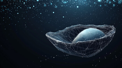 An abstract image featuring a pearl inside a shell, created using a low poly wireframe technique. The design is set against a dark background, with the shell and pearl rendered as a mesh of interconne