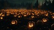 © Riffat - A pumpkin patch at dusk with glowing jack-o'-lanterns scattered throughout isolated on black background