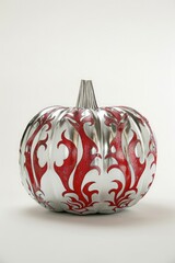 Wall Mural - A metallic silver Halloween pumpkin adorned with red flame patterns, placed on a white background, creating a fiery look.