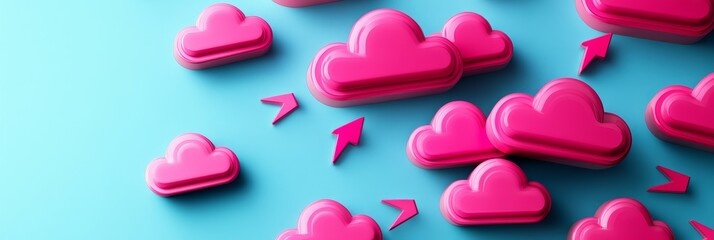 Canvas Print - Pink cloud icons with downward arrows symbolizing data storage, cloud computing, download, online storage, and digital technology.