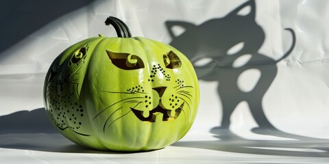 Wall Mural - A lime green Halloween pumpkin with detailed black cat carvings on a white background, casting a playful shadow.