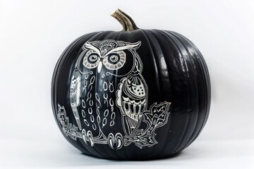 Wall Mural - A glossy black Halloween pumpkin with intricate white owl carvings, set against a white background, adding a mystical touch.