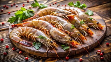 Stunning close-up of raw tiger prawns scattered upon a weathered wooden surface, their heads and tails still intact,