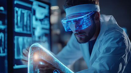 Wall Mural - Doctor wearing futuristic eyeglasses, using AI technology to analyze the knee.