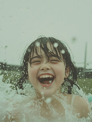 Wall Mural - Film portrait of a taiwanese girl with soft facial figure, her cheek flushed and smiling, her hair a little wet, soft sunlight gently hit her face emphasize joy in her brown eyes