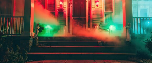 Wall Mural - A chilling front porch with red and green lights, ghostly figures, and eerie fog rolling over the steps.