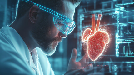 Wall Mural - Doctor with futuristic eyeglasses analyzing a human heart using AI technology.