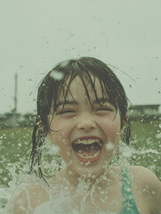 Wall Mural - Film portrait of a taiwanese girl with soft facial figure, her cheek flushed and smiling, her hair a little wet, soft sunlight gently hit her face emphasize joy in her brown eyes