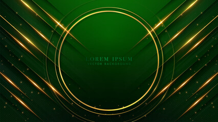 Wall Mural - green luxury background with golden circle frame, diagonal gold lines, and glowing light effects
