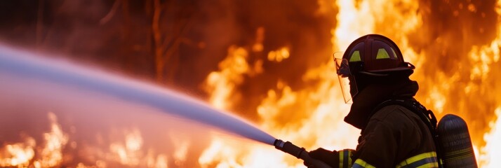 A firefighter is in action, spraying water to extinguish a raging wildfire. The intense flames are visible in the background, with the firefighter geared up in protective clothing.