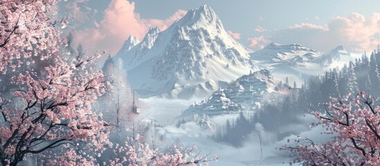 Poster - Snowy Mountain Landscape with Pink Blossoms