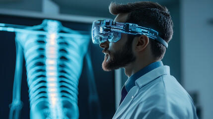 Wall Mural - Doctor with futuristic eyeglasses analyzing the spine using AI technology.