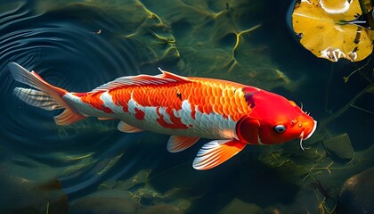 Vibrant nishikigoi koi fish swimming gracefully in a serene pond, showcasing their striking colors and patterns