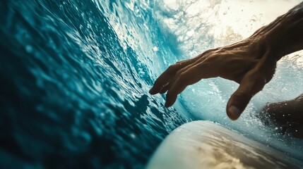 Poster - A surfer's hand reaches out as he rides a wave.