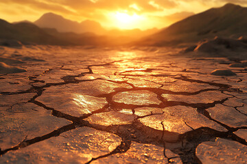 Sunset over arid cracked earth with mountains in the background, representing climate change and drought conditions.