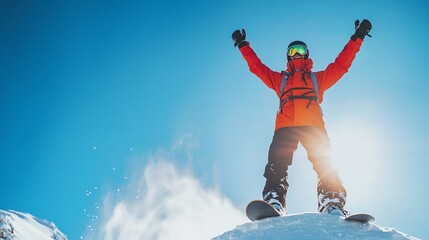 Wall Mural - A snowboarder on the top of a mountain with his arms raised in victory.